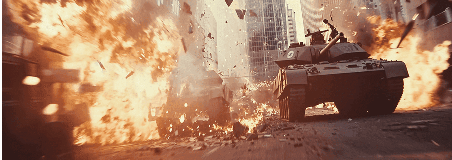 Modern armored tank advancing through explosive urban battlefield with massive fireballs and debris