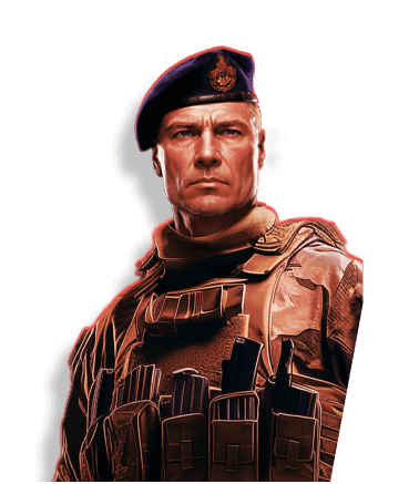 Elite military commander in tactical vest and beret standing at attention