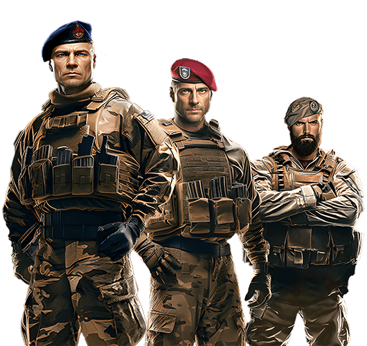 Three special forces operators in desert camouflage tactical gear with berets and body armor