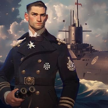 Naval officer in dress uniform with warship and stormy seas in Supremacy real-time strategy game background.