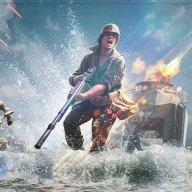 Soldier with rifle charging through water amid explosions and fire in intense combat scene.