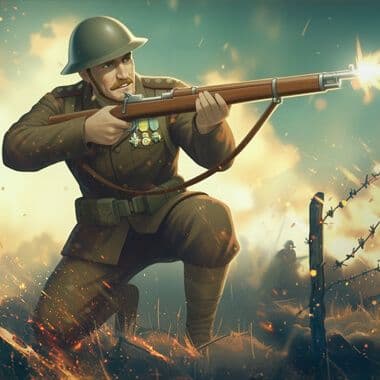 WWI soldier with rifle in combat stance against battlefield with trenches and explosions.