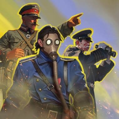 Four military commanders in gas masks and uniforms representing different eras of Supremacy strategy gameplay.
