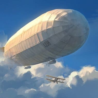 Zeppelin airship with biplane escort flying over clouds in Supremacy sci-fi setting.