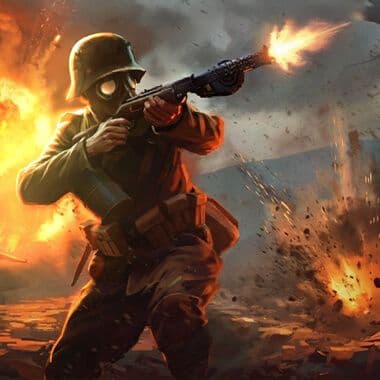 Soldier in gas mask wielding a flamethrower amid fiery urban battlefield destruction.